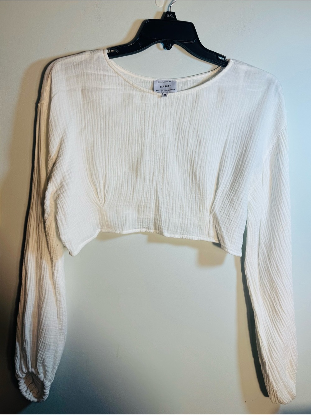 SABO Sz Med Cropped Textured Gauzy Long-Sleeve Top Cream